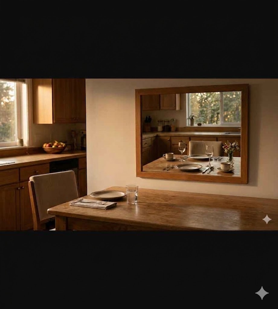 The Intention image showing a quiet dining room and a reflected table setting.
