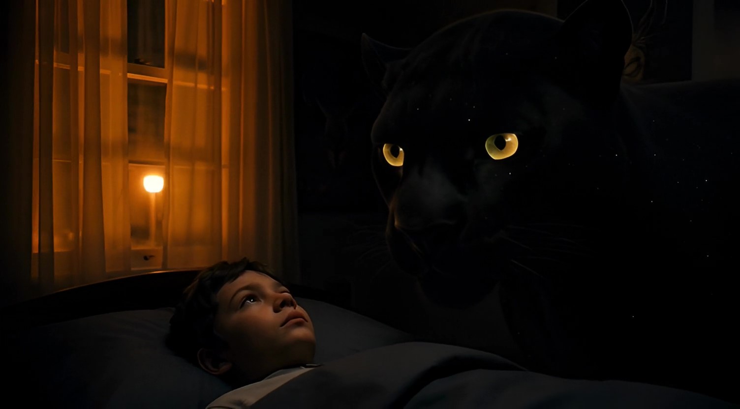 Thomas standing beside Rigel beneath a star-filled sky.