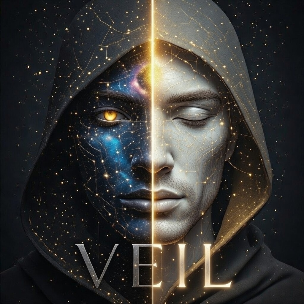 VEIL portrait showing a split face between dark witness and luminous architecture.