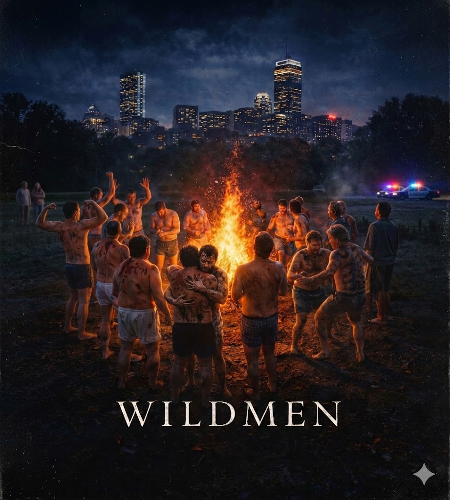 Wildmen concept image of men gathered around a bonfire with city skyline and police lights in the background.